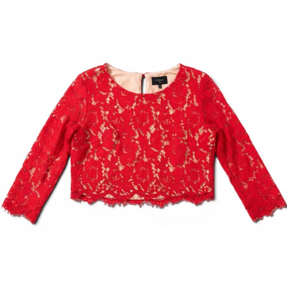 Everly Red Floral Lace Long Sleeve Crop Top Nude Lining Size L